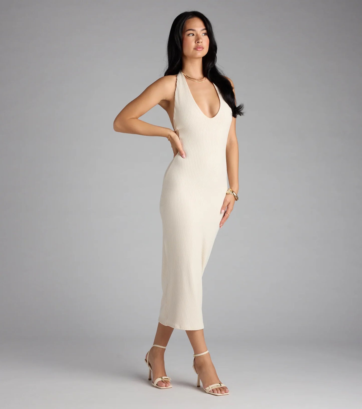 Chic Cutie Ribbed Knit Halter Midi Dress