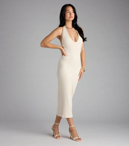 Chic Cutie Ribbed Knit Halter Midi Dress