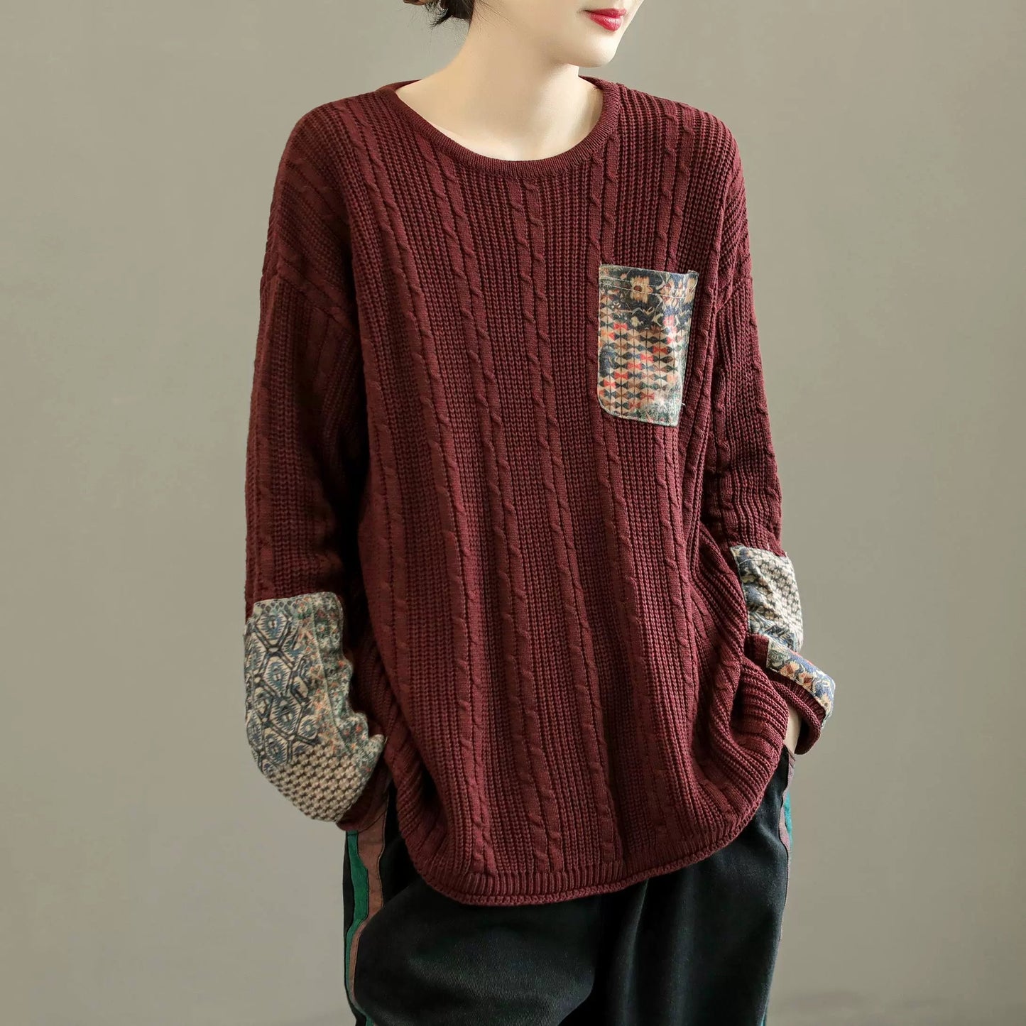Women Retro Cotton Knitted Autumn Pullover Sweater