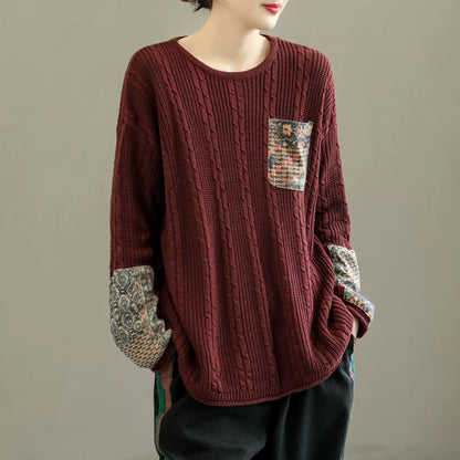 Women Retro Cotton Knitted Autumn Pullover Sweater