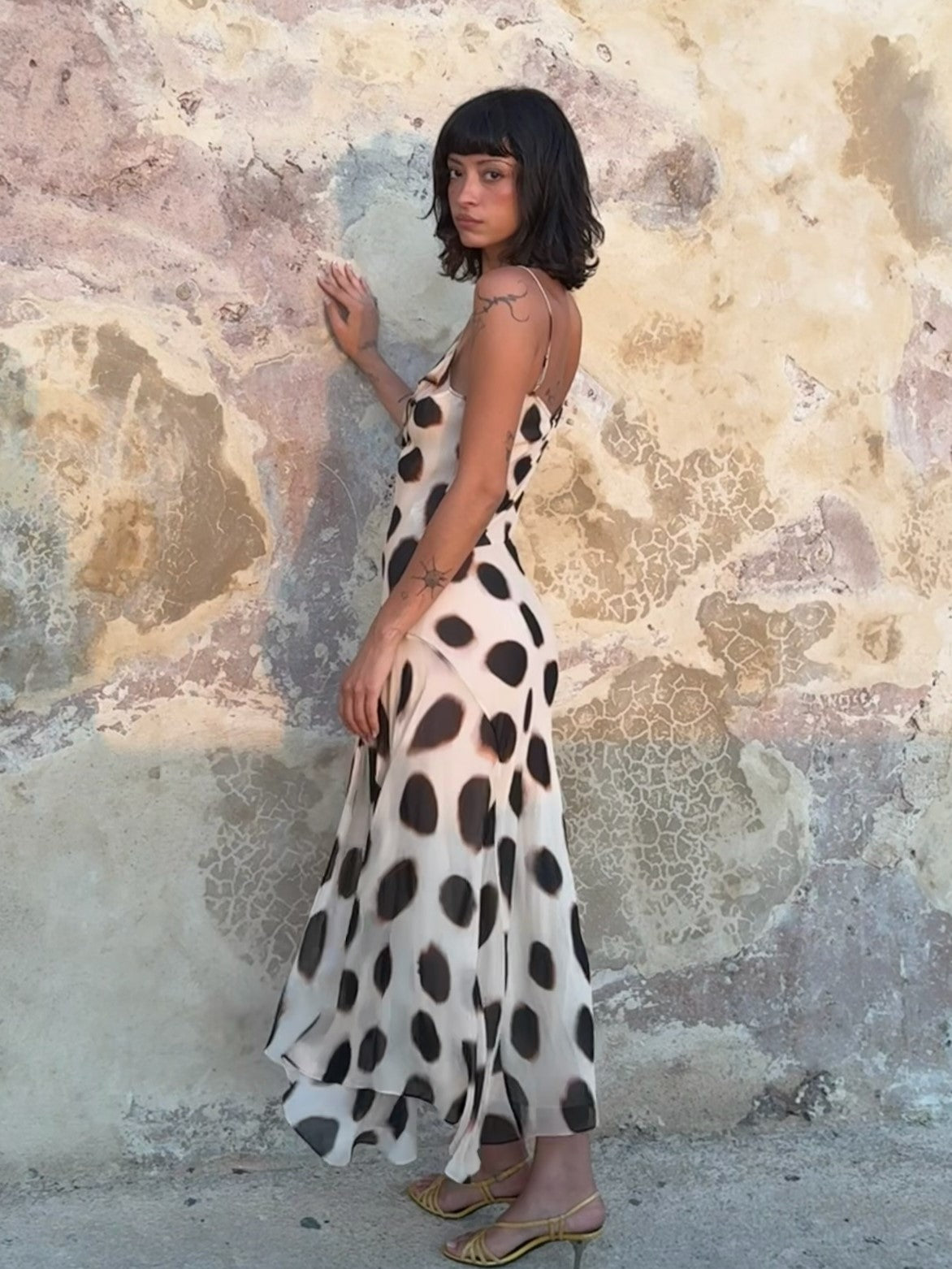 Draped Cowl Neck Polka Dot Print Slit Chiffon Slip Dress