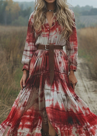 Women V Neck Tie Dye Cotton Pastoral Style Long Dress