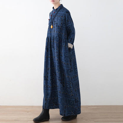 Blue Loose Vintage Button  Linen Print Dress
