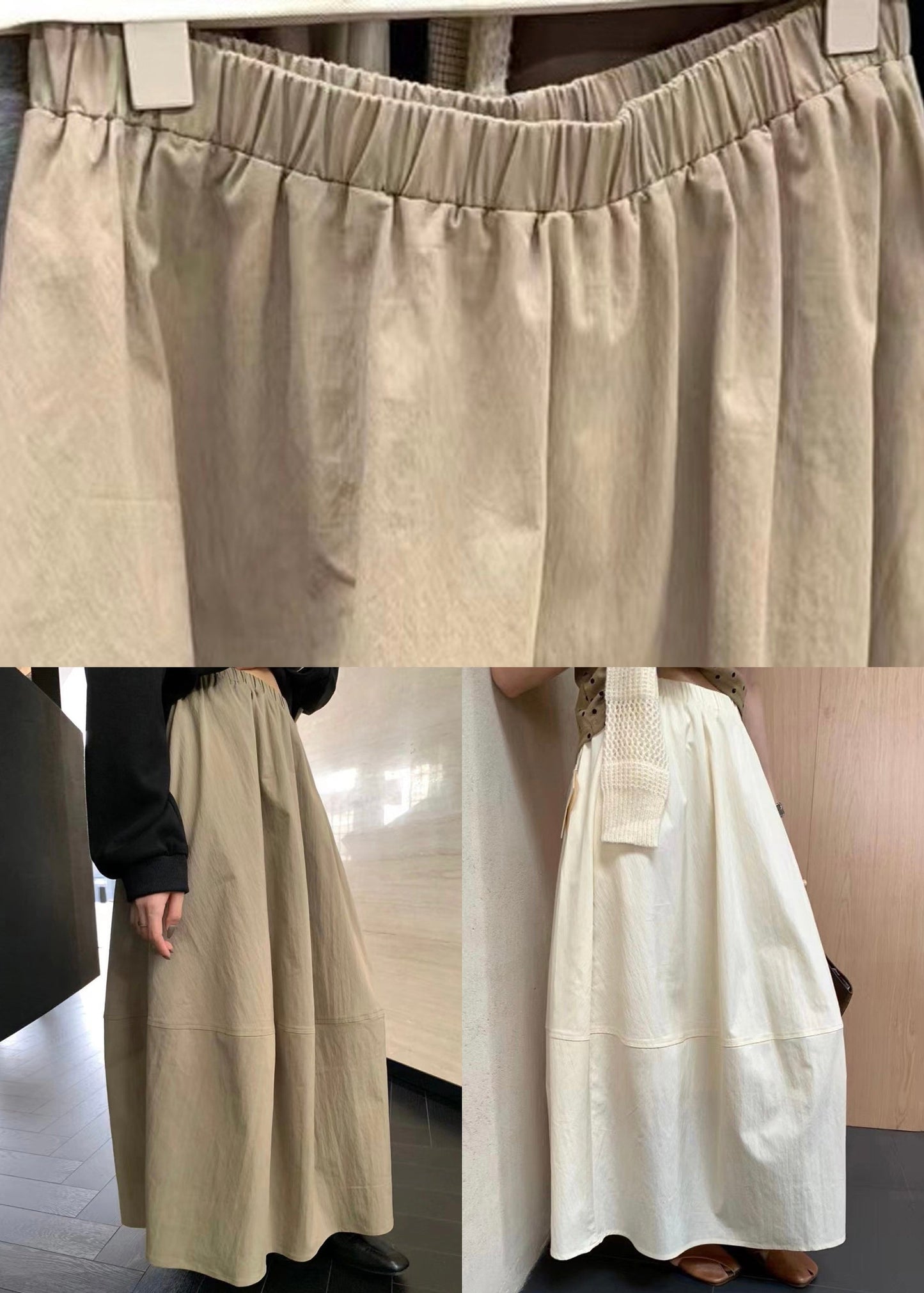 Beige Solid Patchwork Cotton Skirts Elastic Waist