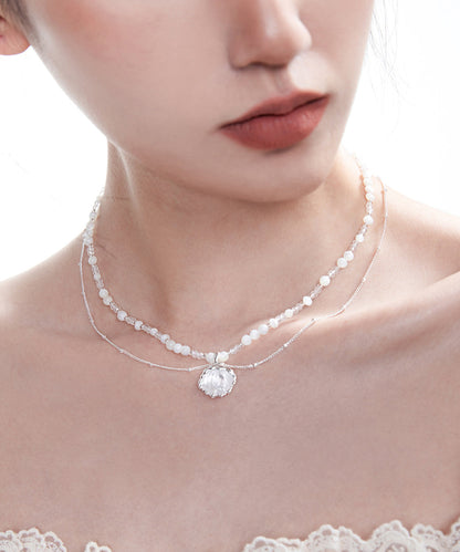 Flower Pendant Crystal Double Layer Chain Silver Plated Choker