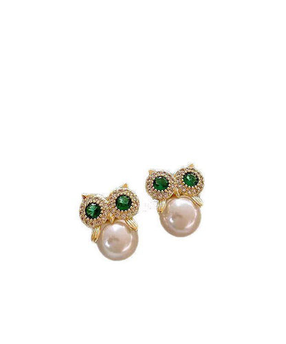 Chic Gold Copper Alloy Zircon Owl Pearl Stud Earrings