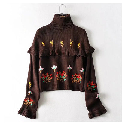 High waist floral embroidery layered decorative loose knit