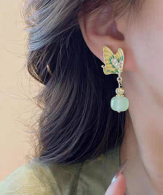 Vintage Green Copper Alloy Zircon Jade Butterfly Drop Earrings