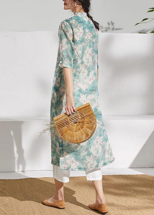 Classy stand collar half sleeve linen summer dresses Outfits green print Dress