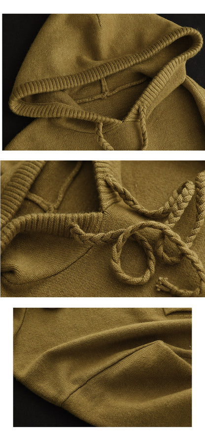 Thick Twist Drawstring Hooded Knit Sweater