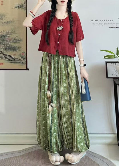 Vintage Black O Neck Tops And Pants Cotton Two Piece Set Summer