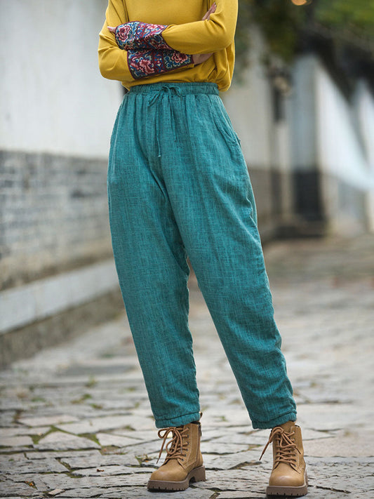 Women Winter Worn Pocket Elastic Waist Thick Warm Pants