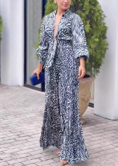 Sexy V Neck Print Wide Leg Jumpsuit Spring