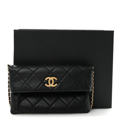 Calfskin Quilted Fold Over Clutch Black
