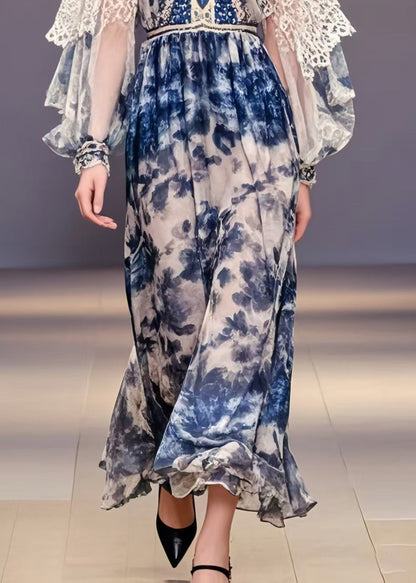 Elegant Navy Print Chiffon Party Dress Lantern Sleeve