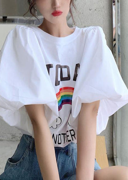 Rainbow Print Cotton T-Shirts Puff Sleeve Summer