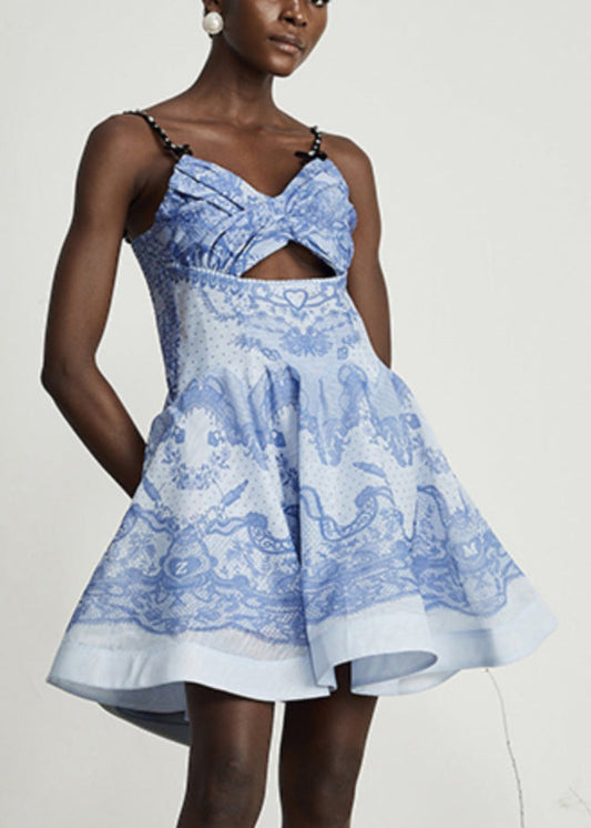 Elegant Blue Print Hollow Out Cotton Spaghetti Strap Dress Sleeveless