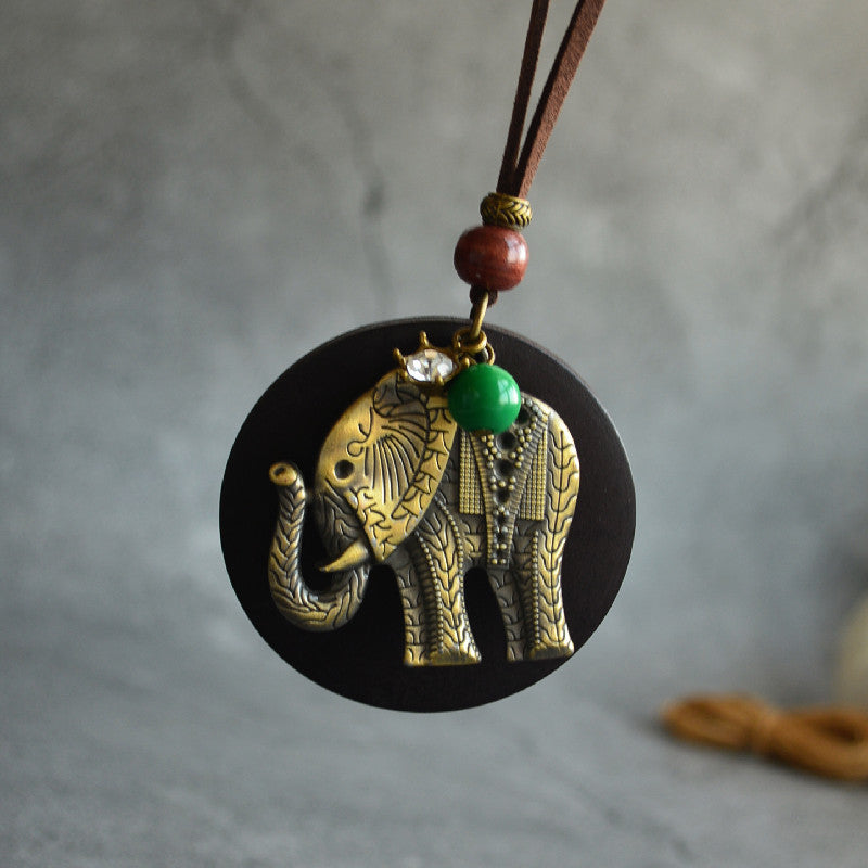 Vintage Art Wood Chip Bronze Elephant Necklace