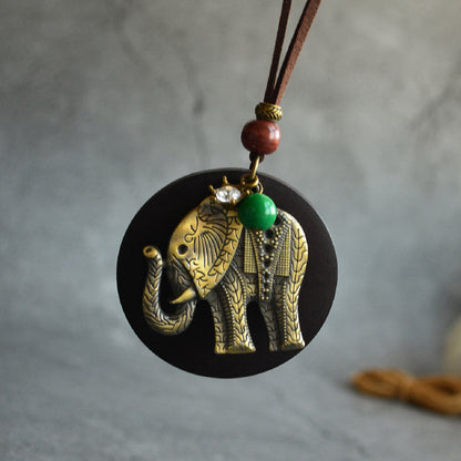 Vintage Art Wood Chip Bronze Elephant Necklace