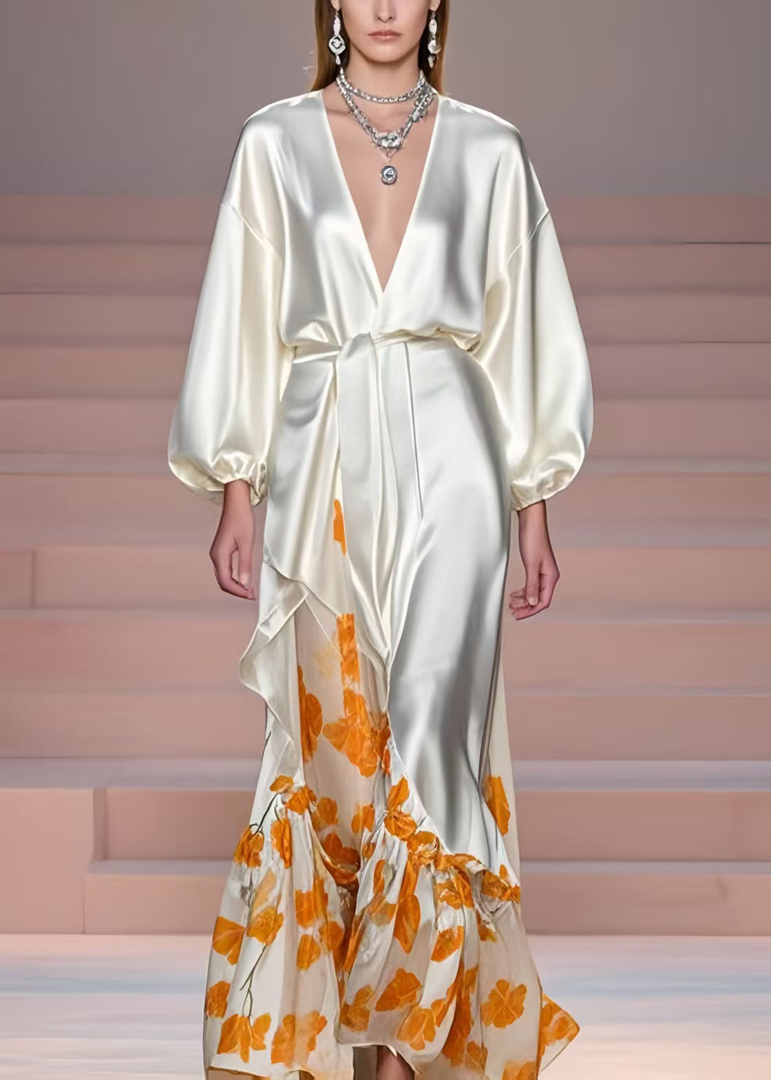 Plus Size Milk White V Neck Print Silk Vacation Dresses Spring