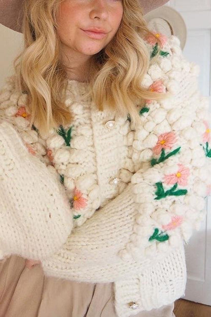 Floral Pearl Button Cardigan-White