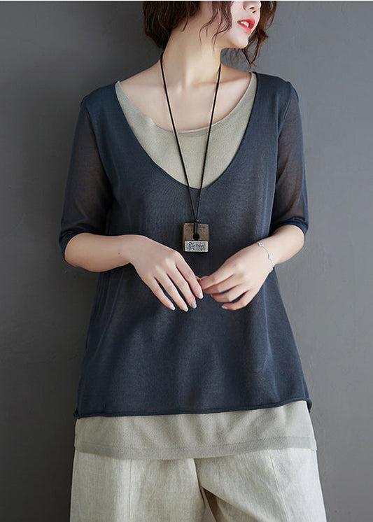 Grey Patchwork Knit Tank O-Neck Summer