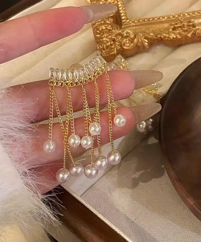 Fashion Gold Copper Overgild Pearl Tassel Drop Earrings
