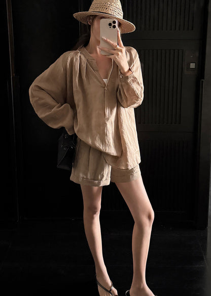 Loose White Long Sleeve Top And Shorts cotton blend Two Pieces Set