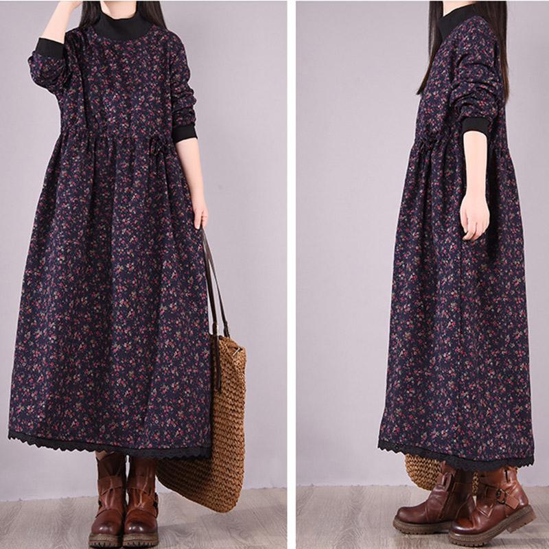 Winter Korean Style High-neck Plush Floral Dress