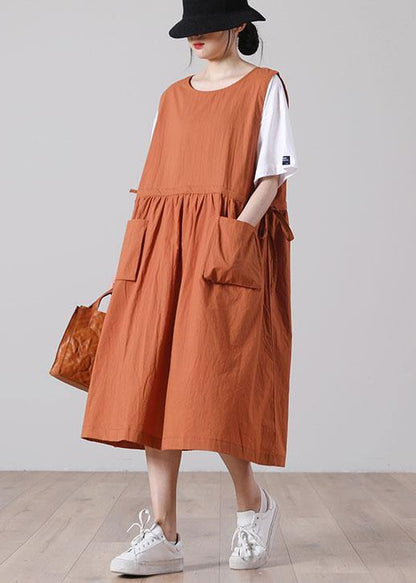 Plus Size Pockets Orange Mid big hem Summer Cotton Dress