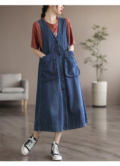 Mid Length Sleeveless Large Pocket V-Neck Plus Size Dress