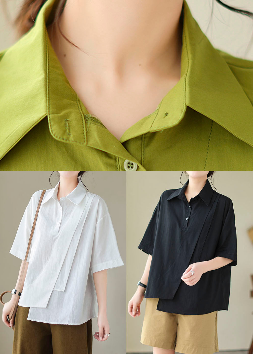 Women Black Peter Pan Collar Asymmetrical Design Cotton Top Summer