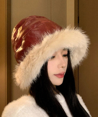 Chic Black Faux Leather Thick Warm Fleece Bucket Hat