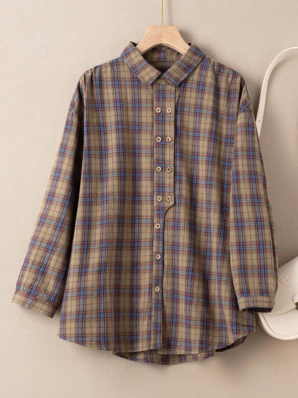 Women's Natural Fabric Plaid Front Artsy Style Blouse
