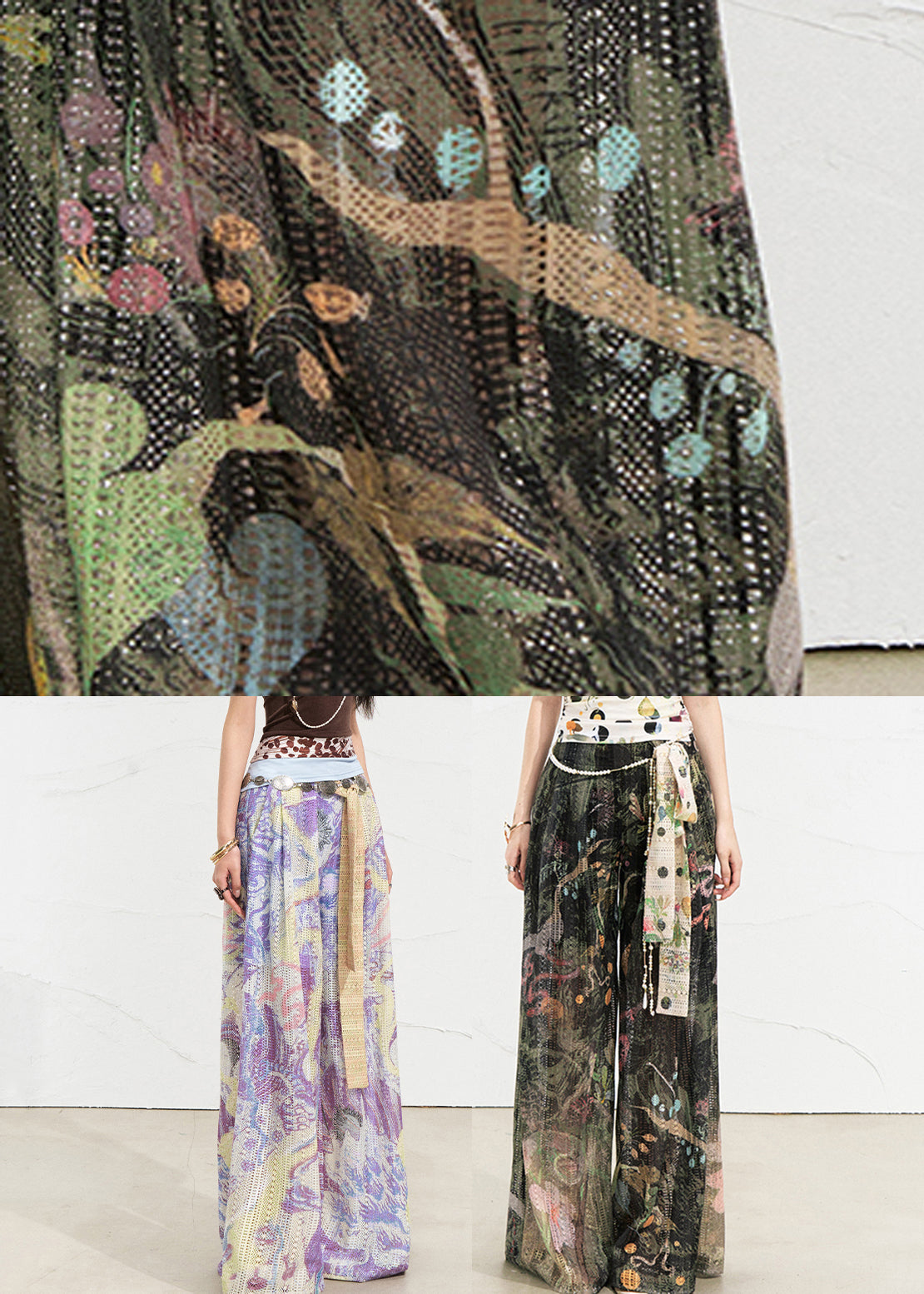 Loose Dark Green Pockets Print Wide Leg Pants Summer