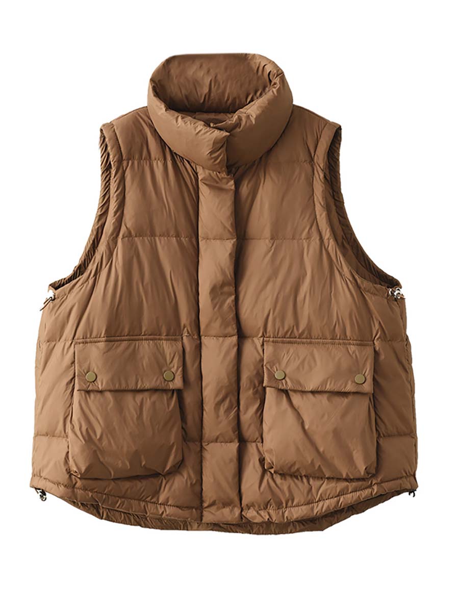 Women Casual Agaric Lace Button Pocket Down Vest