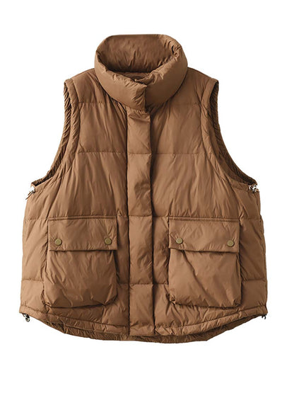 Women Casual Agaric Lace Button Pocket Down Vest