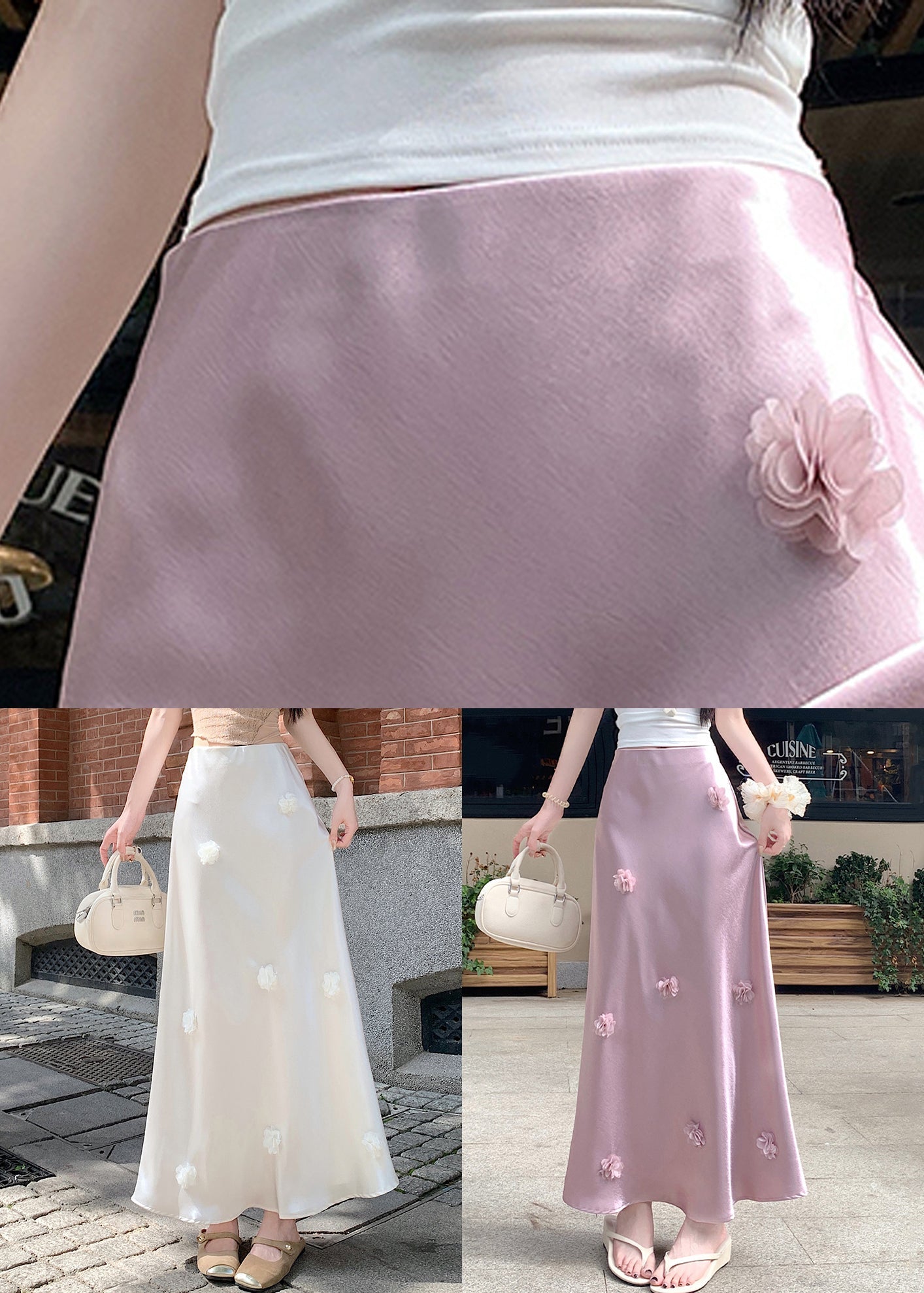 Stylish Pink Floral High Waist Silk Skirt Summer