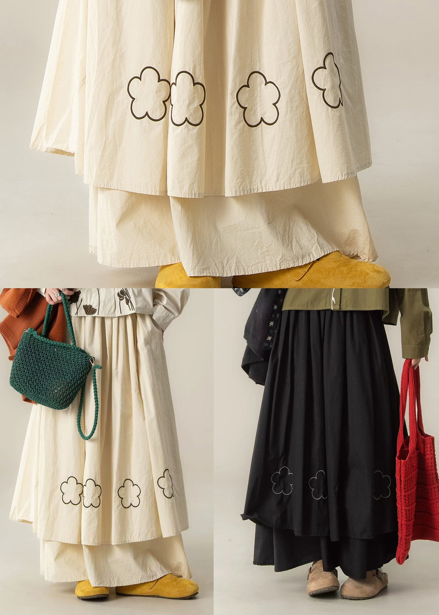Bohemian Black Embroidered Layered Cotton Holiday Skirts Spring