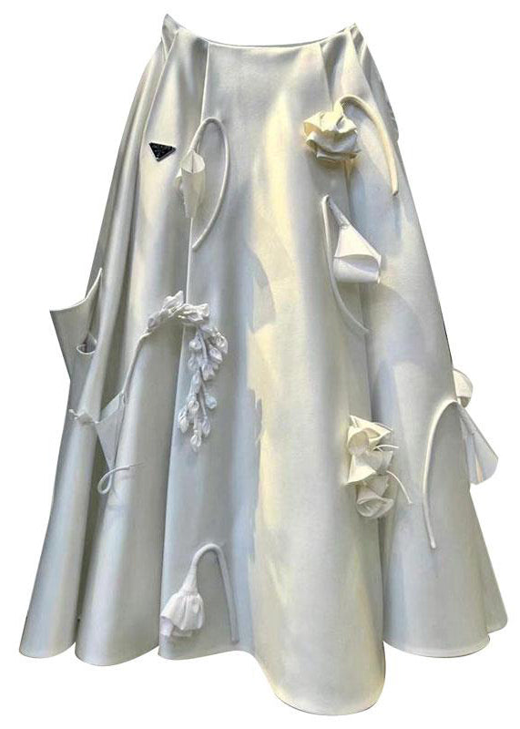 Fashion White Wrinkled Floral Decorated Skirts Summer