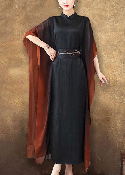 Vintage Black Stand Collar Sashes Silk Vacation Dresses Batwing Sleeve