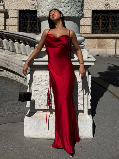 Satin Cowl-Back Open-Back Dress with 3D Flower Straps