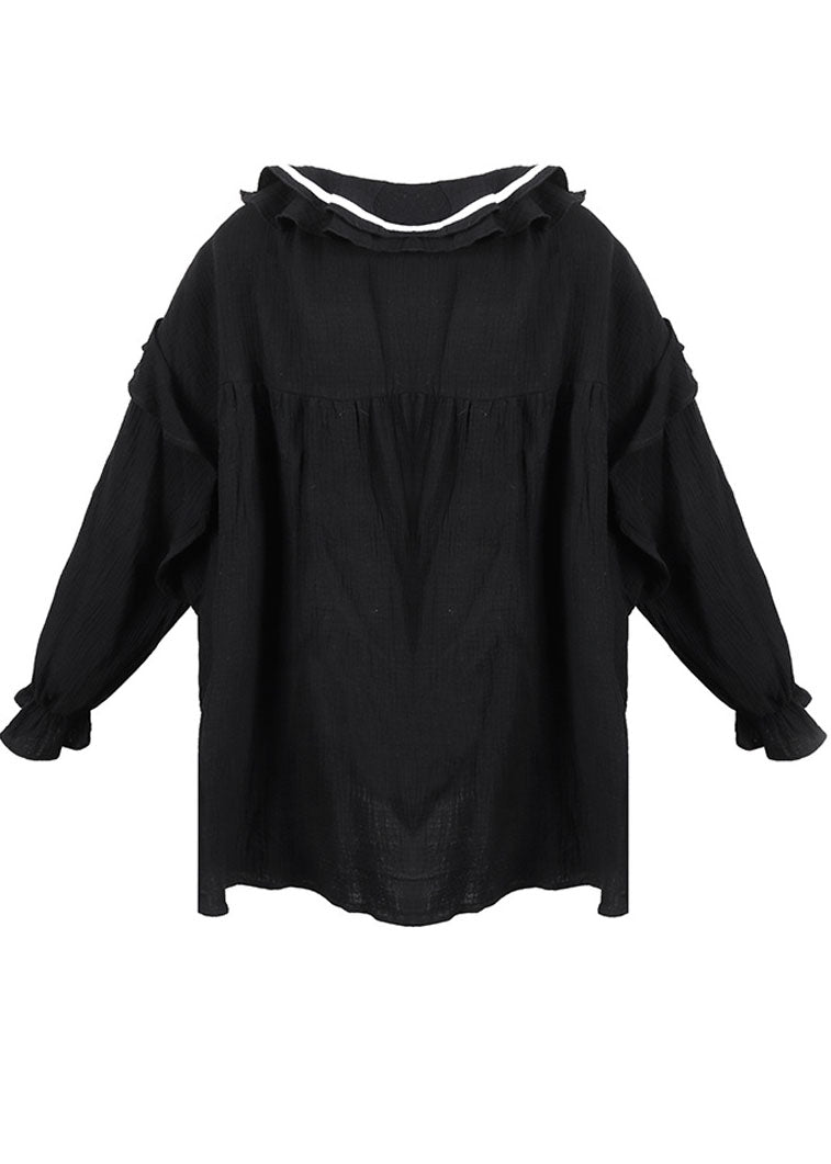 Black Ruffled Cotton Blouse Tops Asymmetrical Design Fall