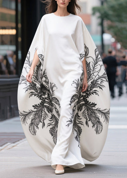 Women White Oversized Print Cotton Vacation Dresses Batwing Sleeve