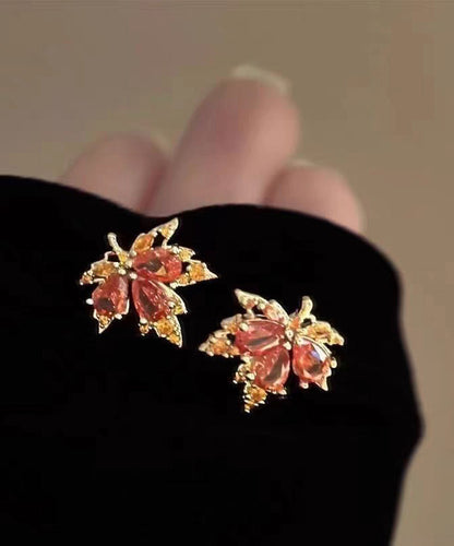 Chic Red Leaf Crystal Gilded Stud Earrings