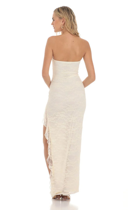 Strapless Lace Ruffle Slit Dress in Cream