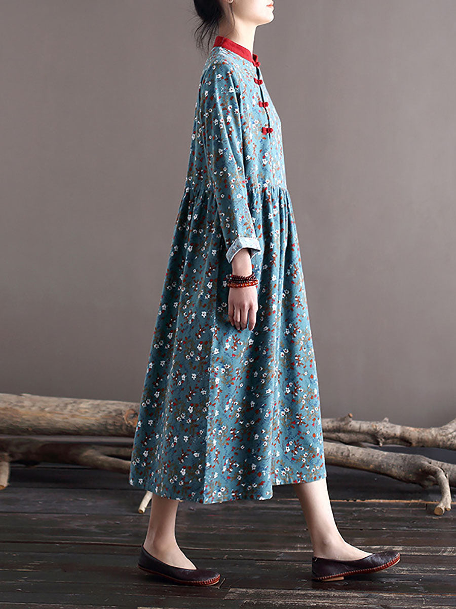 Women Spring National Style Floral Frog Loose Dress