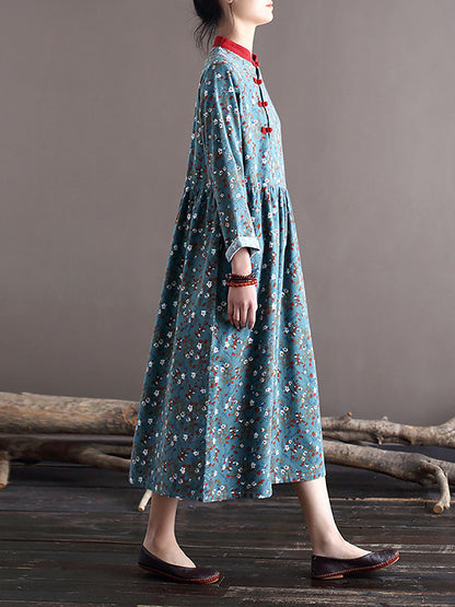 Women Spring National Style Floral Frog Loose Dress
