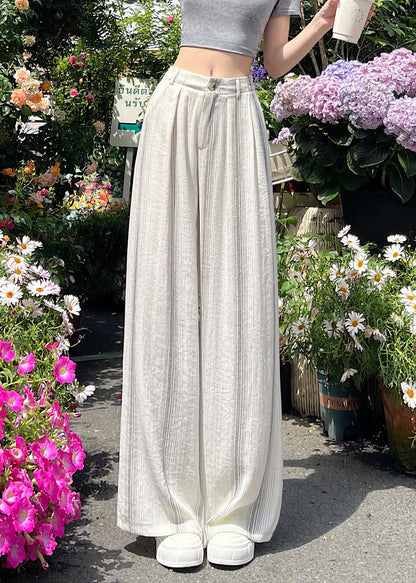 Grey Pockets High Waist Cotton Summer Pants Striped