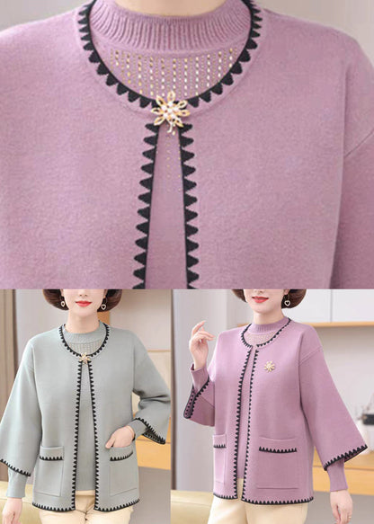 French Blue Patchwork Cotton Knit Cardigans And Sweaters Two Pieces Set Three Quarter Sleeve